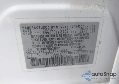 2016 Nissan Sentra Fe+ S/S/Sl/Sr/Sv из США, поврежденный, VIN 3N1AB7AP8GY232092